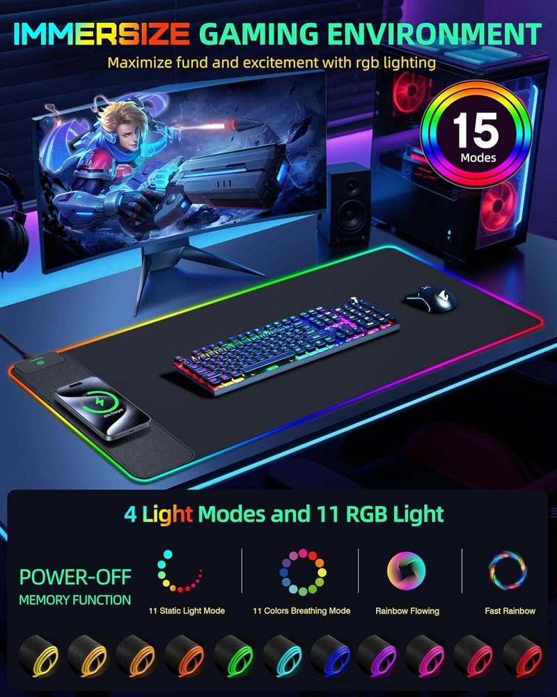 ExtreLife Mouse Pad with Wireless Charging, RGB Gaming Desk Mat, Large XXL Desk Pad, 15 Lighting Modes, Ultra-Smooth Surface, Non-Slip Mouse Mat, Waterproof Computer Keyboard Pad for Gamer, 800x400x4MM, Black - Image 3